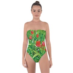 Red Flowers And Green Plants At Outdoor Garden Tie Back One Piece Swimsuit by dflcprintsclothing