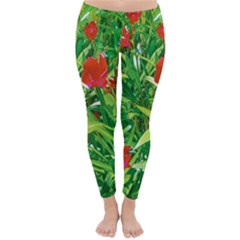 Red Flowers And Green Plants At Outdoor Garden Classic Winter Leggings by dflcprintsclothing