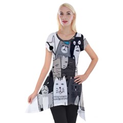 Cute Cat Hand Drawn Cartoon Style Short Sleeve Side Drop Tunic