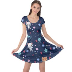 Cute Astronaut Cat With Star Galaxy Elements Seamless Pattern Cap Sleeve Dress by Vaneshart