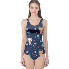 Cute Astronaut Cat With Star Galaxy Elements Seamless Pattern One Piece Swimsuit by Vaneshart