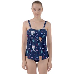 Cute Astronaut Cat With Star Galaxy Elements Seamless Pattern Twist Front Tankini Set by Vaneshart