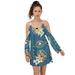 Seamless Pattern Funny Astronaut Outer Space Transportation Kimono Sleeves Boho Dress by Vaneshart