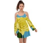 Yellow Aqua Rose Kimono Sleeves Womens Boho Dress