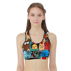 Abstract Grunge Urban Pattern With Monster Character Super Drawing Graffiti Style Sports Bra With Border