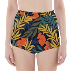 Fashionable Seamless Tropical Pattern With Bright Green Blue Plants Leaves High-waisted Bikini Bottoms by Nexatart