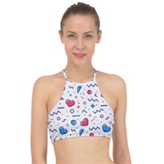 Hearts Seamless Pattern Memphis Style Racer Front Bikini Top