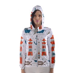 Nautical Elements Pattern Background Women s Hooded Windbreaker