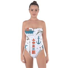 Nautical Elements Pattern Background Tie Back One Piece Swimsuit