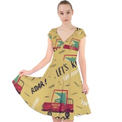 Childish Seamless Pattern With Dino Driver Cap Sleeve Front Wrap Midi Dress by Vaneshart