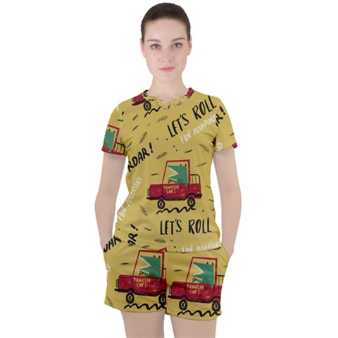 Childish Seamless Pattern With Dino Driver Women s Tee And Shorts Set by Vaneshart