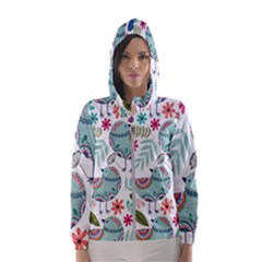 Floral Pattern With Birds Flowers Leaves Dark Background Women s Hooded Windbreaker