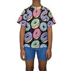Colorful Donut Seamless Pattern On Black Vector Kids  Short Sleeve Swimwear by Sobalvarro