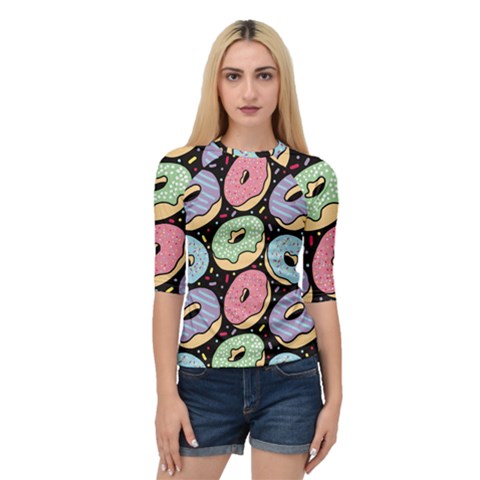 Colorful Donut Seamless Pattern On Black Vector Quarter Sleeve Raglan Tee by Sobalvarro