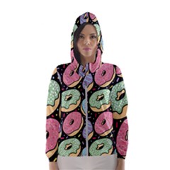 Colorful Donut Seamless Pattern On Black Vector Women s Hooded Windbreaker by Sobalvarro
