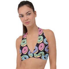 Colorful Donut Seamless Pattern On Black Vector Halter Plunge Bikini Top by Sobalvarro