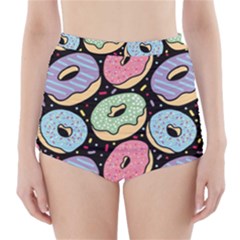 Colorful Donut Seamless Pattern On Black Vector High-waisted Bikini Bottoms by Sobalvarro