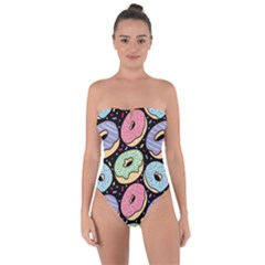 Colorful Donut Seamless Pattern On Black Vector Tie Back One Piece Swimsuit by Sobalvarro