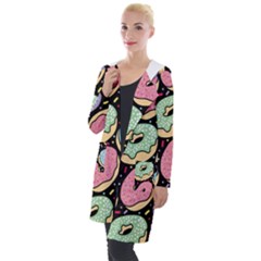 Colorful Donut Seamless Pattern On Black Vector Hooded Pocket Cardigan by Sobalvarro