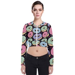 Colorful Donut Seamless Pattern On Black Vector Long Sleeve Zip Up Bomber Jacket by Sobalvarro