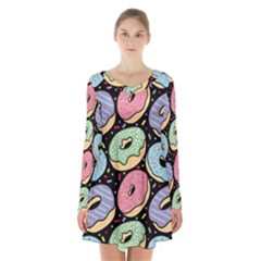 Colorful Donut Seamless Pattern On Black Vector Long Sleeve Velvet V-neck Dress by Sobalvarro