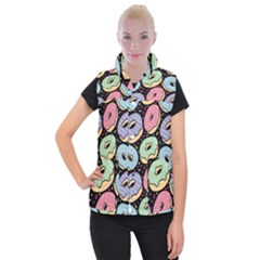 Colorful Donut Seamless Pattern On Black Vector Women s Button Up Vest by Sobalvarro