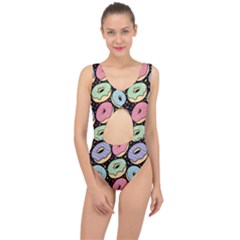 Colorful Donut Seamless Pattern On Black Vector Center Cut Out Swimsuit by Sobalvarro