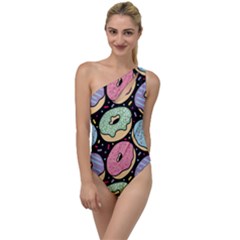 Colorful Donut Seamless Pattern On Black Vector To One Side Swimsuit by Sobalvarro