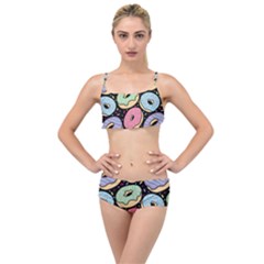 Colorful Donut Seamless Pattern On Black Vector Layered Top Bikini Set by Sobalvarro