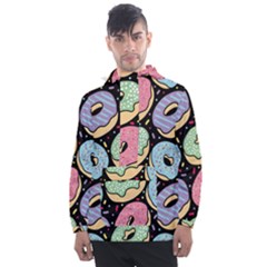 Colorful Donut Seamless Pattern On Black Vector Men s Front Pocket Pullover Windbreaker by Sobalvarro