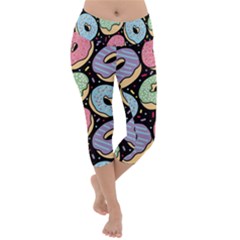 Colorful Donut Seamless Pattern On Black Vector Lightweight Velour Capri Yoga Leggings by Sobalvarro