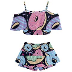 Colorful Donut Seamless Pattern On Black Vector Kids  Off Shoulder Skirt Bikini by Sobalvarro