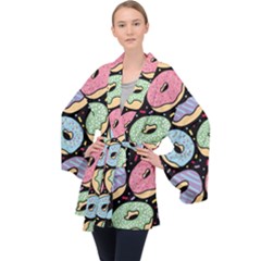 Colorful Donut Seamless Pattern On Black Vector Long Sleeve Velvet Kimono  by Sobalvarro