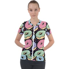 Colorful Donut Seamless Pattern On Black Vector Short Sleeve Zip Up Jacket by Sobalvarro