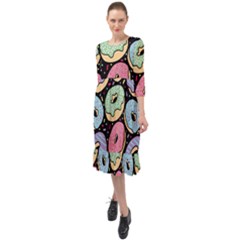 Colorful Donut Seamless Pattern On Black Vector Ruffle End Midi Chiffon Dress by Sobalvarro