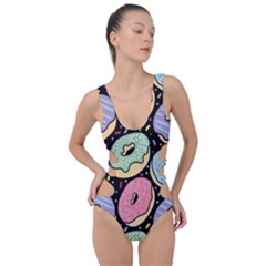 Colorful Donut Seamless Pattern On Black Vector Side Cut Out Swimsuit by Sobalvarro