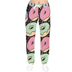Colorful Donut Seamless Pattern On Black Vector Women Velvet Drawstring Pants by Sobalvarro