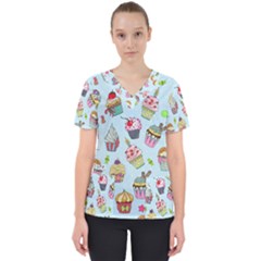 Cupcake Doodle Pattern Women s V-neck Scrub Top by Sobalvarro