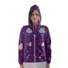 Space Travels Seamless Pattern Vector Cartoon Women s Hooded Windbreaker by Vaneshart