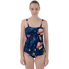 Seamless Pattern With Funny Aliens Cat Galaxy Twist Front Tankini Set by Vaneshart