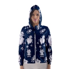 White Robot Blue Seamless Pattern Women s Hooded Windbreaker