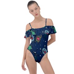 Monster Alien Pattern Seamless Background Frill Detail One Piece Swimsuit by Vaneshart