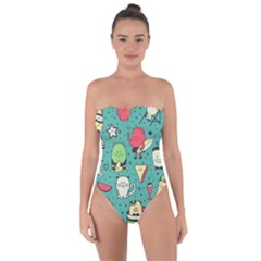 Seamless Pattern With Funny Monsters Cartoon Hand Drawn Characters Unusual Creatures Tie Back One Piece Swimsuit