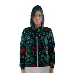 Guitars Musical Notes Seamless Carnival Pattern Women s Hooded Windbreaker