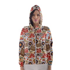 Music Retro Seamless Pattern Women s Hooded Windbreaker