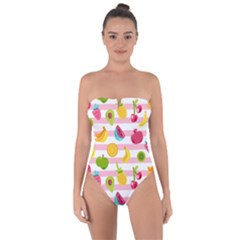 Tropical Fruits Berries Seamless Pattern Tie Back One Piece Swimsuit by Vaneshart