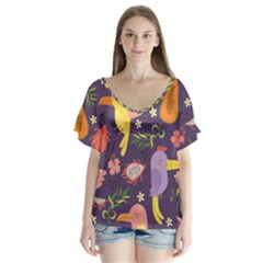 Exotic Seamless Pattern With Parrots Fruits V-neck Flutter Sleeve Top