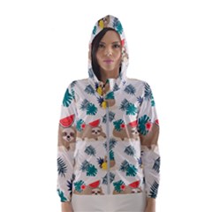 Cute Lazy Sloth Summer Fruit Seamless Pattern Women s Hooded Windbreaker