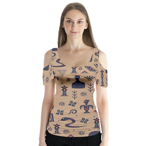 Vintage Tribal Seamless Pattern With Ethnic Motifs Butterfly Sleeve Cutout Tee  by Vaneshart