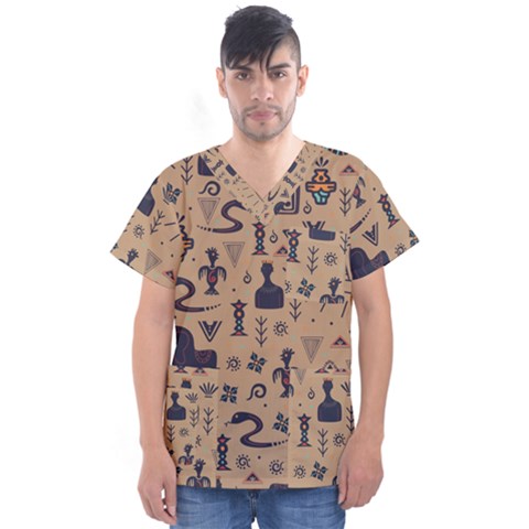 Vintage Tribal Seamless Pattern With Ethnic Motifs Men s V-neck Scrub Top by Vaneshart